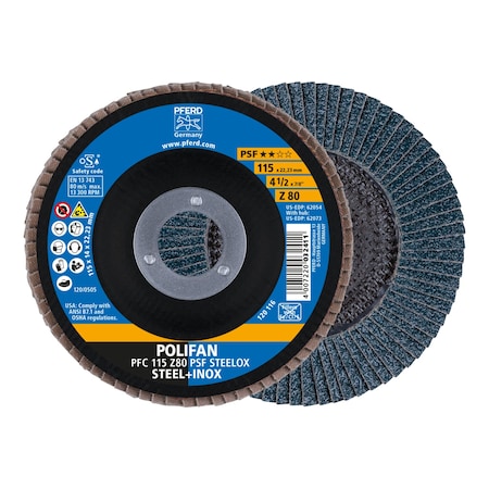 Pferd 4-1/2" x 7/8" A.H. POLIFAN Flap Disc - Z PSF STEELOX, Zirconia, 80 Grit, Conical 62054